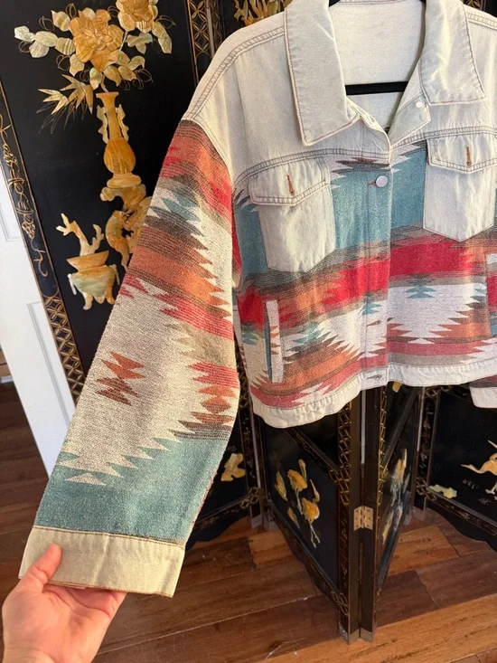 Women’s Patterned Southwestern Denim Jacket in Multi-Color - Picture 2 of 7